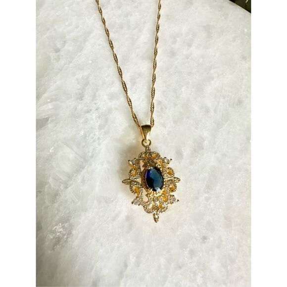 Sapphire blue cubic zirconia intricate regal style pendant necklace  - Picture 8 of 12